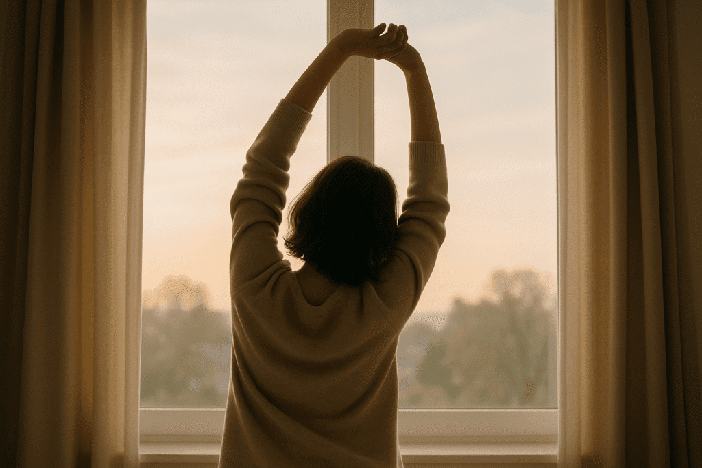 A person stretching with arms raised in front of a window, bathed in soft early morning light, with gentle curtains and a serene outdoor view in the background. The scene feels hopeful and calm.