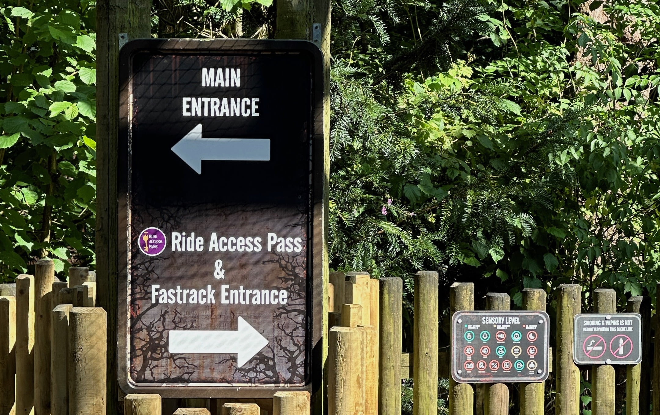 Signage showing the regular entrance, the ride access pass entrance and the fasttrack entrance at Alton Towers